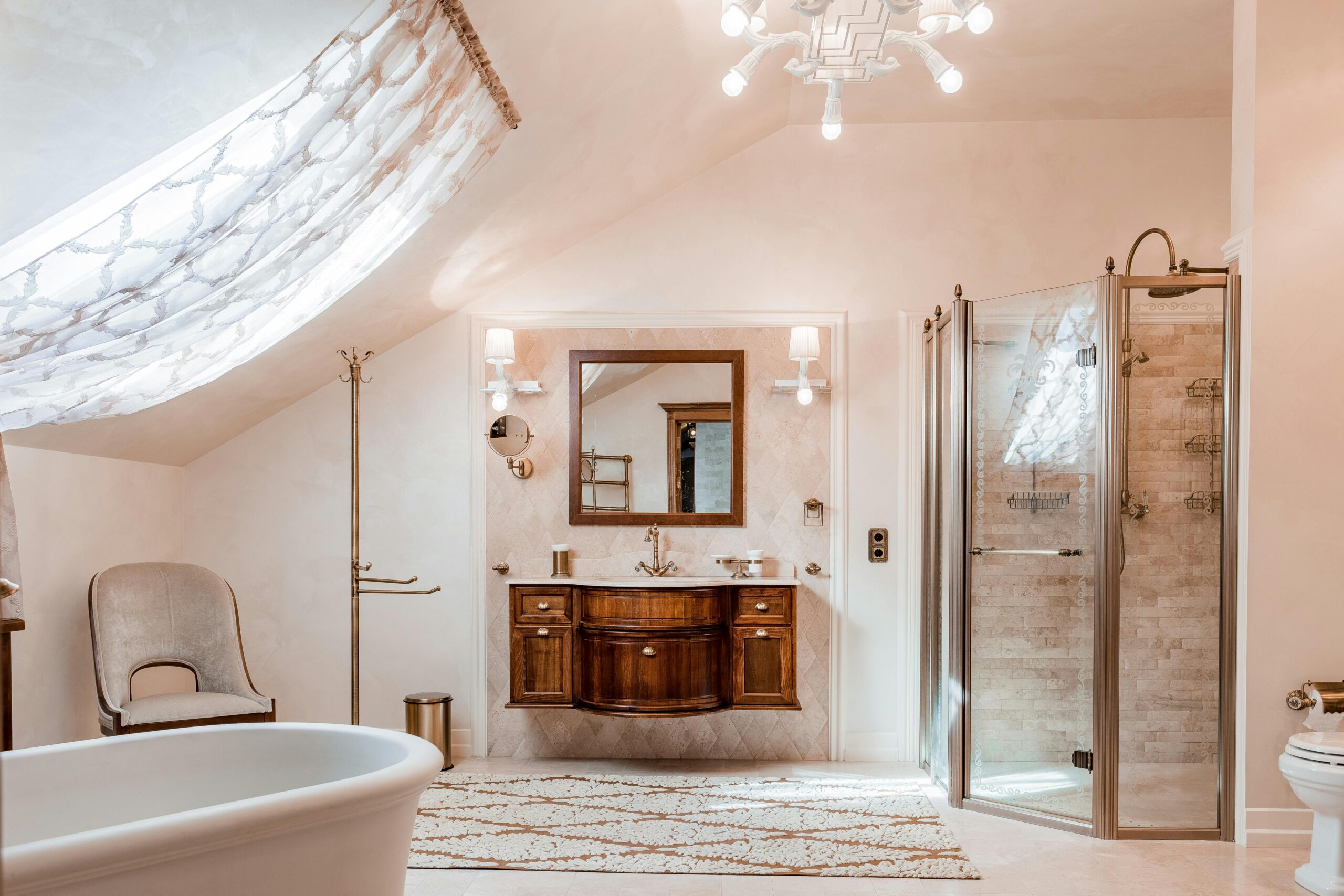 Ocean Pearl Elegant modern bathroom featuring a freestanding bathtub, vanity, and stylish shower.