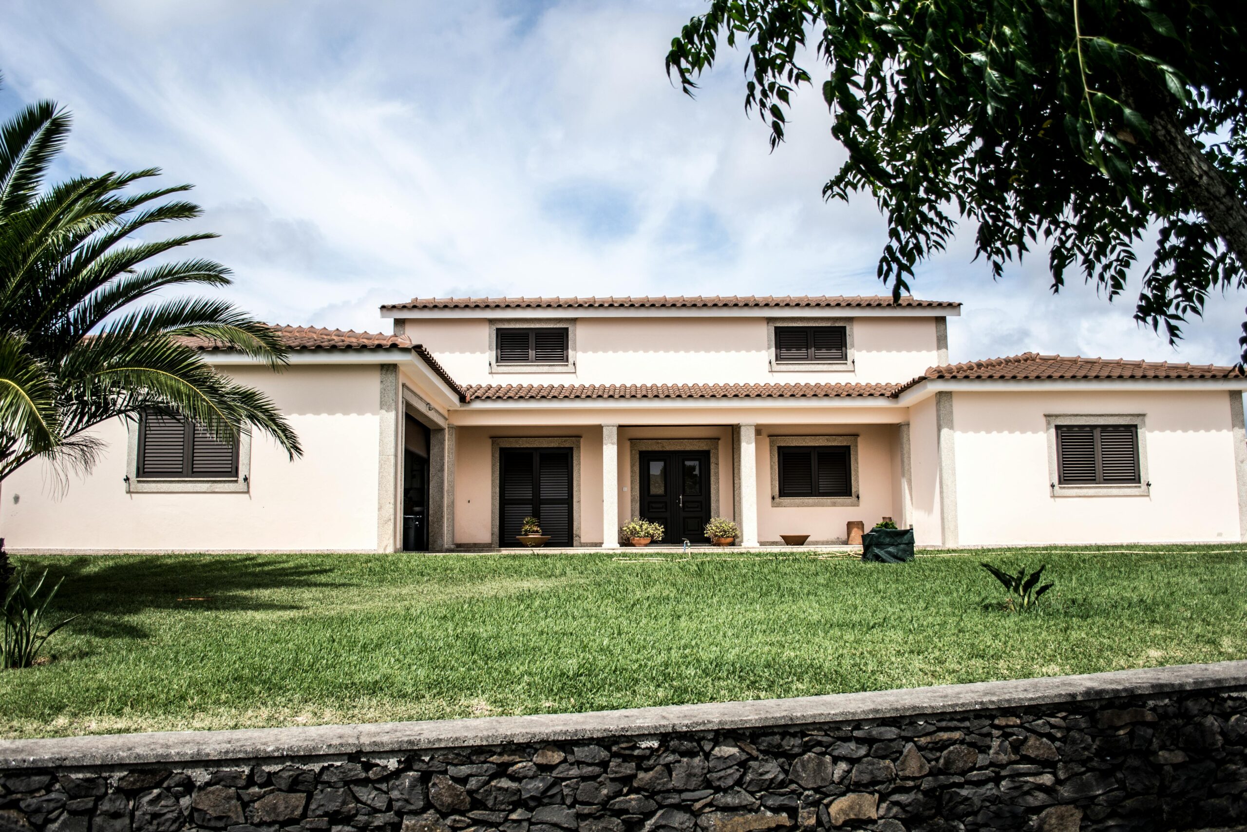 A stylish modern family home with a lush lawn and palm tree under a bright sky.